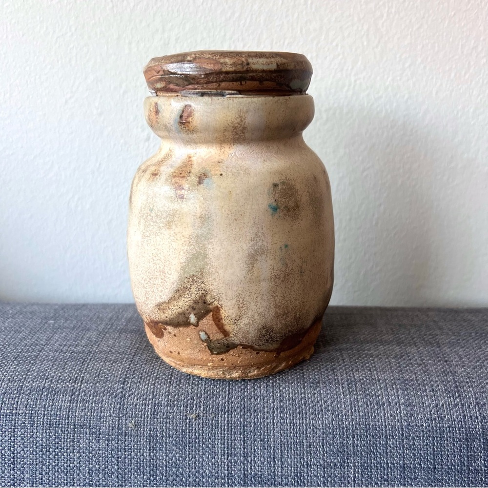 Vintage handmade Rustic Ceramic covered Vase - Cream and Brown marked JK